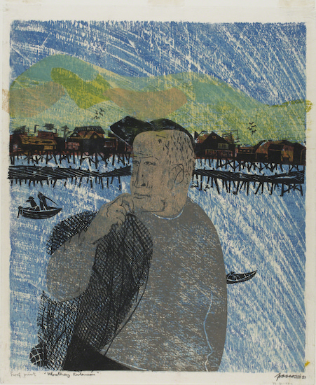 Woodcut print by Antonio Frasconi titled Montrey Fisherman (1951).