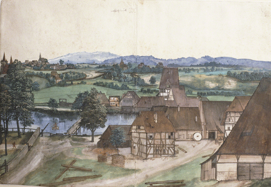 Watercolor by Albrecht Duerer titled "Wire-Drawing Mill".