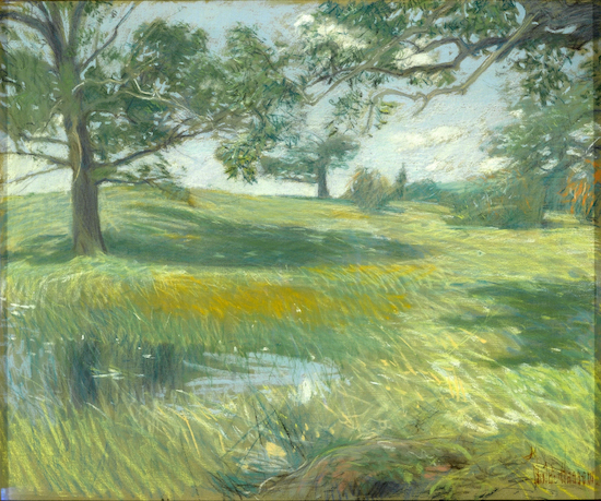 Painting in pastel by Childe Hassam titled "Meadows"