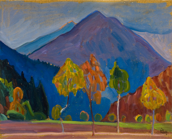 Painting by Gabriele Muenter titled Mountains in the Twilight.