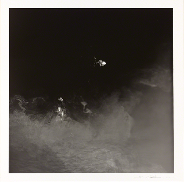Photogram by Gen Aihara titled Untitled No. 021 (2011). Black-and-white photogram with area of black at the top and area of diffused gray at the bottom.