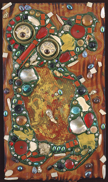 Found object artwork by Alfonso Ossorio titled In a Wood Lightly (1962). Variety of natural and human-made objects in green, yellow, red, and white creating an enclosed, abstract, animal-like form.