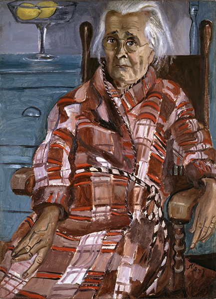 Portrait painting by Alice Neel titled Last Sickness (1953). Portrait of the artist's mother as an older woman wearing a red plaid robe and sitting in front of a blue bureau with a glass bowl with two lemons on top.