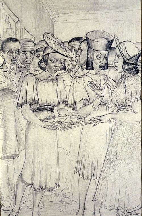 Drawing by Allan Rohan Crite titled One of our Exhibitions and Teas (1939). Group of people wearing dresses, hats, and suits in a gallery space.