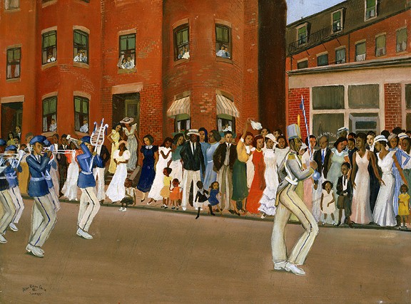 Oil painting by Allan Rohan Crite titled Parade on Hammond Street (1935). People stand next to a street and in the windows of brick buildings to watch a marching band in a parade.