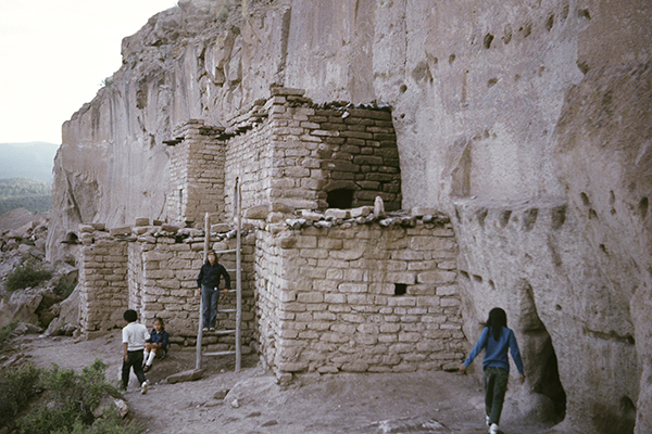Anasazi entrance chambers of adobe at the Puye Cliff Dwellings in New Mexico (1100s–ca. 1580s). Cliff face with carved chambers and two-story, adobe constructed structure.