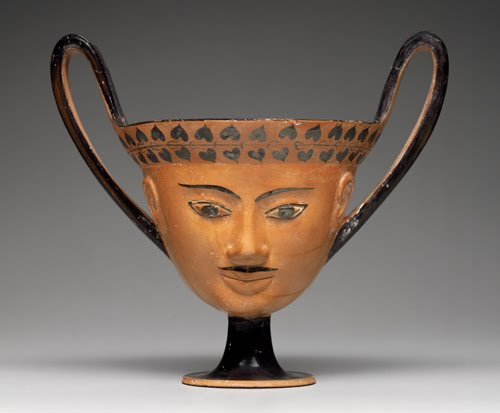 Ancient Greece (Archaic Period), Kantharos with satyr mask decoration, from Miletus, Ionia in Anatolia (now part of Turkey), 550–525 BCE. 