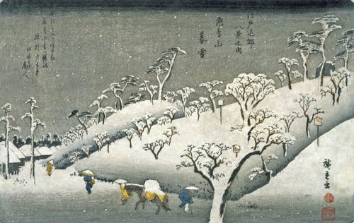 Ando Hiroshige (1797–1858, Japan), Evening Snow on Asuka Mountain, No. 1 from the series Eight Views in the Environs of Edo, 1837–1838.