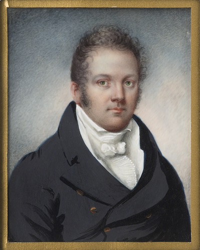 Miniature portrait by Ann Hall titled John Prescott Hall. Portrait of a man wearing a black jacket and white cravat.