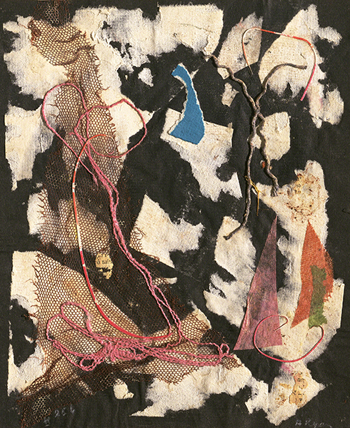 Collage by Anne Ryan titled Number 256 (1949). Torn paper, cloth, and string arranged on a black background.