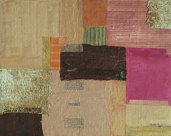 Collage by Anne Ryan titled Number 706 (Red Collage III) (1954). Rectangles of cloth and paper in brown, green, orange, and pink.
