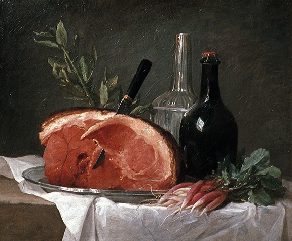 Oil painting by Anne Vallayer-Coster titled Still Life with Ham (1767). Glass bottles, plate with ham with a knife in it, and a bunch of root vegetables on a table with a white cloth on it.
