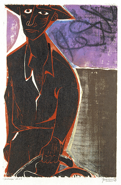Woodcut by Antonio Frasconi titled Landworker (1948). A weary looking man wearing a hat and holding a piece of farm equipment in black and red outlines against a brown and purple background.