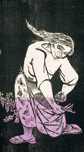 Woodcut by Antonio Frasconi titled Portrait of a Picker (1951). White and purple figure of a woman picking fruit against a black background.
