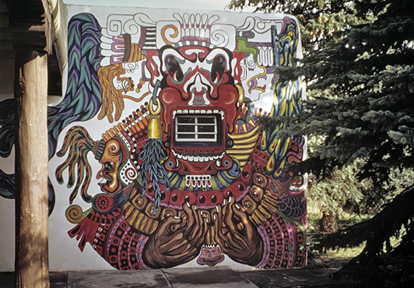 Artes Guadalupaños de Aztlán (active 1971–1977, Santa Fe, New Mexico), Huizitlopochtli, mural on the Clinica de la Gente, Santa Fe, NM, 1973. 