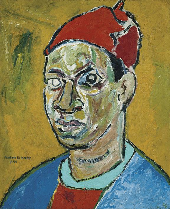 Self-portrait painting (1944) by Beauford Delaney. Head and shoulders portrait of a man wearing blue and red clothing and a red hat against a yellowish green background.