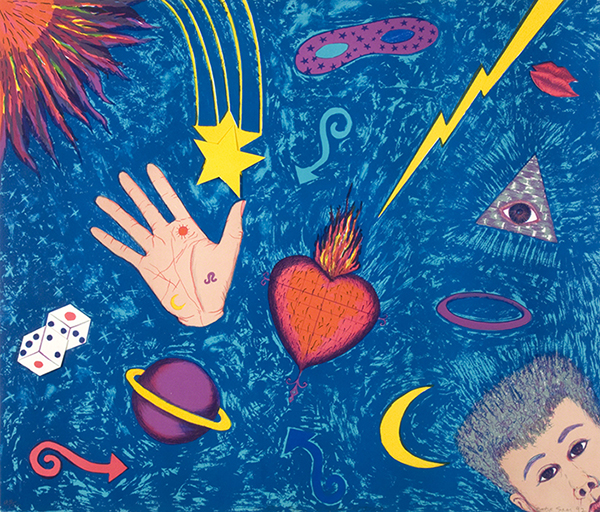 Lithograph by Betye Saar titled Mystic Sky with Self-Portrait (199). Sun, stars, dice, planets, heart, mask, eye of providence, lightning bolt, and artist self-portrait against a blue background.