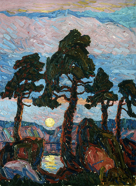 Oil painting by Birger Sandzén titled Landscape with Four Treet (ca. 1920). Vertical painterly landscape with dark evergreen trees and rocks in the foreground and mountains, low sun, and sky in the background. 