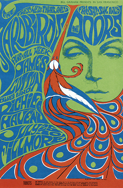Poster by Bonnie MacLean for The Yardbirds, The Doors, James Cotton Blues Band, Richie Havens, 25–30 July (1967). Blue hand-drawn lettering and woman's face with orange feathers on green background.