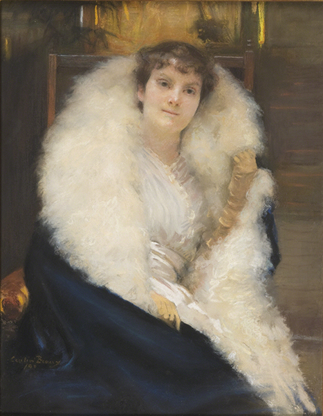 Pastel by Cecilia Beaux titled Ethel Page (Mrs James Large) (1890). Portrait of a woman wearing a white dress, white fur wrap with black on the outside, and yellow gloves.