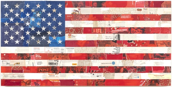 Mixed-media collage by Cey Adams titled American Flag (2019). American Flag collaged from a variety of red, white, and blue found paper.