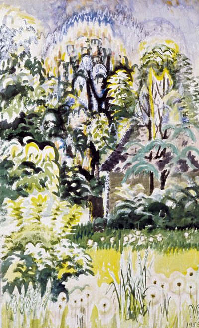 Watercolor by Charles Burchfield titled Landscape with Trees and Dandelions (1959). Vertical landscape of trees and dandelion puffs in yellow, green, black, and blue.