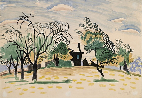 Watercolor by Charles Burchfield titled Windy May Morning. Landscape of trees, house, and sky in green, yellow, blue, and black.