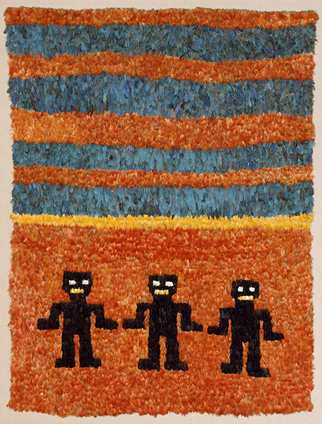 Chimú Culture panel (ca. 1000-1476). Three figure in black feathers on a background of orange, yellow, and blue feathers.