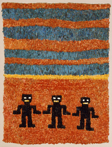 Chimú Culture panel (ca. 1000-1476). Three figure in black feathers on a background of orange, yellow, and blue feathers.