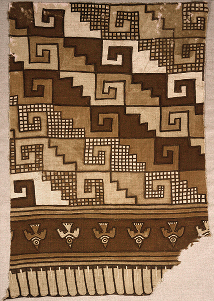 Chimú, Textile fragment, ca. 1000–1470. Textile with geometric and bird designs in shades of brown.