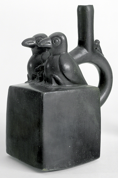 Chimú, Vessel with two sculpted birds, ca. 1350–1450. Ceramic stirrup spouted blackware vessel feature two birds sitting on cube-shaped base.