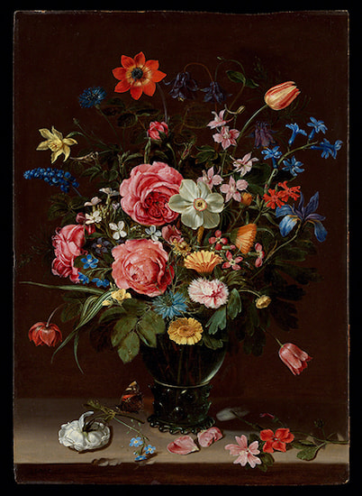 Oil painting by Clara Peeters titled Bouquet of Flowers (ca. 1612). Bouquet with roses, tulips, and other flowers in a glass vase against a dark red background.