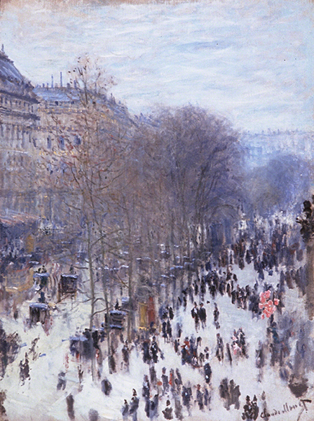 Oil painting by Claude Monet title Boulevard des Capucines (1873). People and carriages in a city street with trees and buildings.