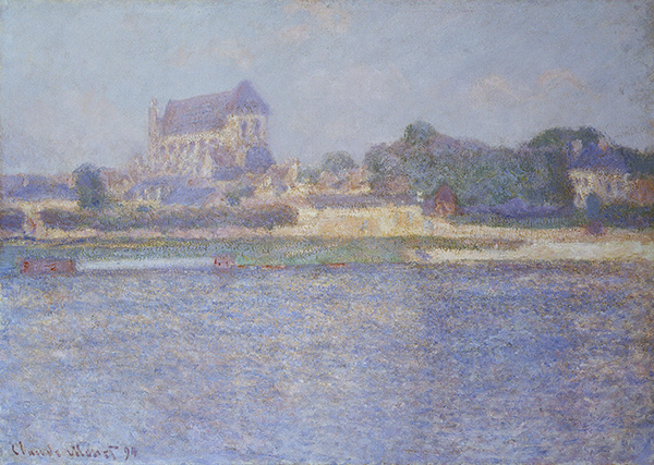 Oil painting by Claude Monet titled Church at Vernon (1894). Water in foreground with church at sky in the background.