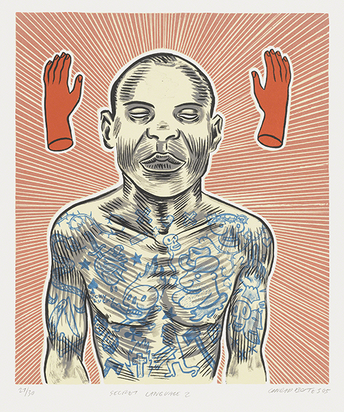 Lithograph by Conrod Botes titled Secret Language II (2005). Man with closed eyes and blue tattoos on his arms and chest. Two disembodied red hands float beside his face.