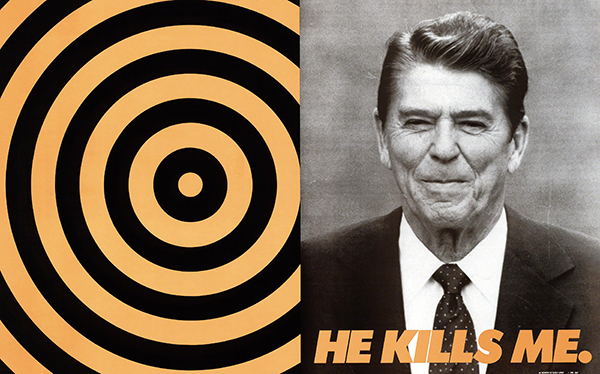 Lithograph by Donald Moffett titled He Kills Me (1987). Black and orange bullseye on the left half and black-and-white photo of Ronald Reagan with "HE KILLS ME" in orange on the right half.