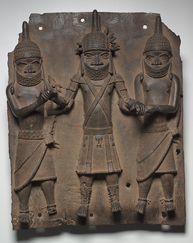 Edo People, Benin Kingdom, Nigeria, plaque of Oba with Two Nobles, 1500–1700. 