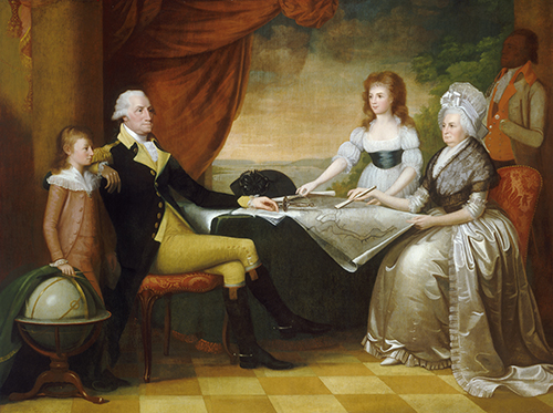 Edward Savage (1761–1817, US), The Washington Family (George Washington, Martha Washington, Martha’s grandchildren George Washington Parke Custis and Eleanor Parke Custis, and Slave William Lee), 1789–1796.