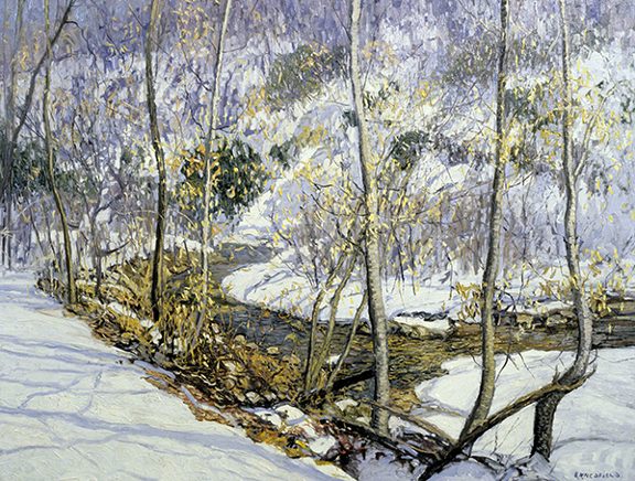 Painting by Edward Willis Redfield titled Laurel Run (1916). Landscape of a creek and trees in the snow, painting in white, yellows, and cobalt violet.