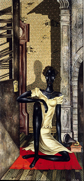 Oil painting by Eldzier Cortor titled Interior (ca. 1947). Elongated figure of an African American woman in a yellow dress sitting in a room with a broken door, peeling yellow wallpaper, and a white fireplace.