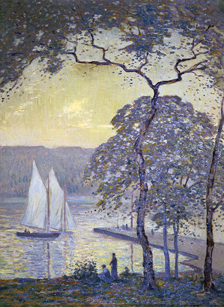 Oil painting by Eliot Clark titled On the Sound. Figures and trees in front of a body of water with a dock and a sailboat in yellow, purple, and green.