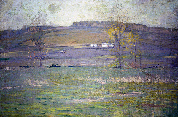 Oil painting by Eliot Clark titled Spring Landscape, Pennsylvania. Landscape of grass, trees, and hills in green, purple, and yellow.