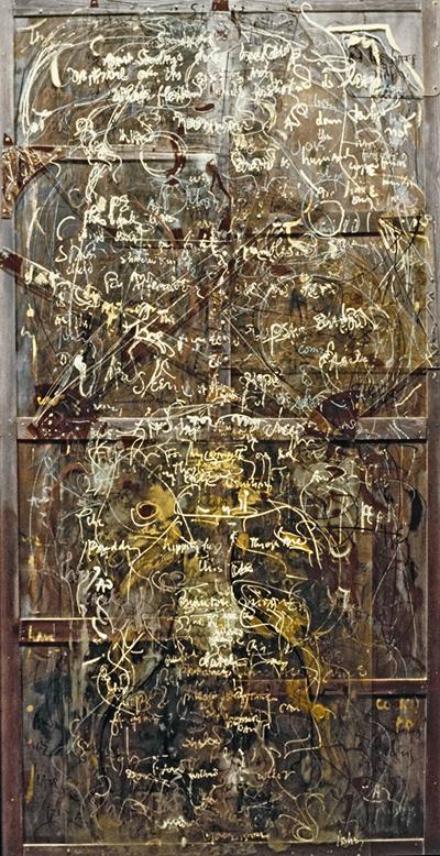 Painting by Elise Asher titled Sunday (1972). Vertical canvas in browns and yellows with layered handwriting and Plexiglass pieces. 