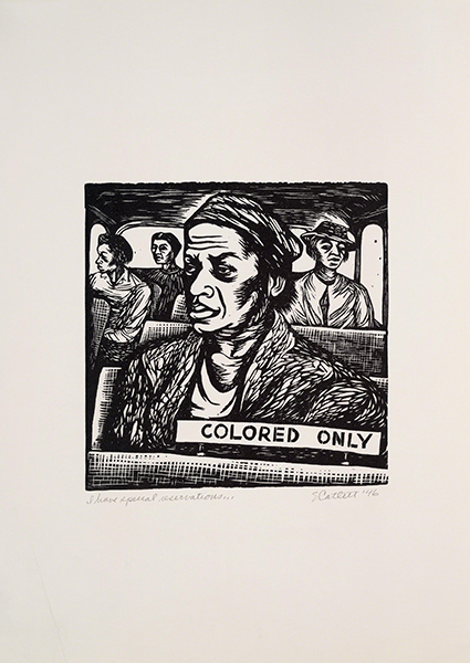 Linoleum cut by Elizabeth Catlett titled I Have a Special Reservation (1946). An African American woman sits on a bus with a signed saying "Colored Only" in front of her.