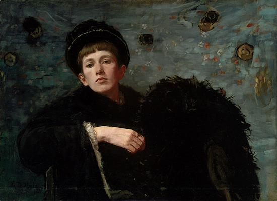 Painting by Ellen Day Hale titled Self-Portrait (1885). Seated woman wearing a black outfit and black hat against a gray-blue background with orange and gold details.
