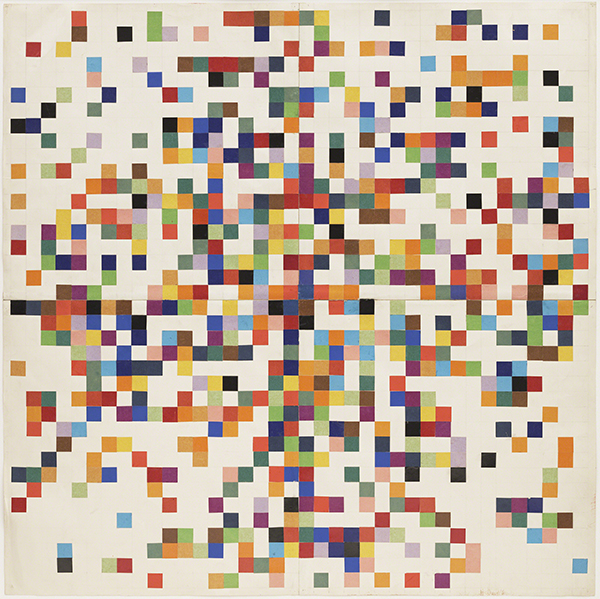 Collage by Ellsworth Kelly titled Spectrum Colors Arranged by Chance II (1951). Color squares arranged on a square, cream-colored background.