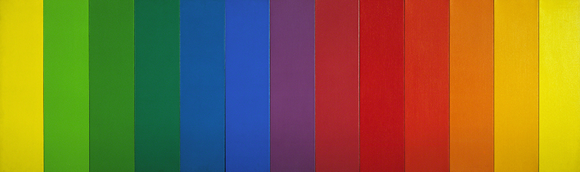 Painting by Ellsworth Kelly titled Spectrum III (1967). Single-color rectangles arranged in a horizontal color spectrum (yellow to green to blue to red to orange to yellow).