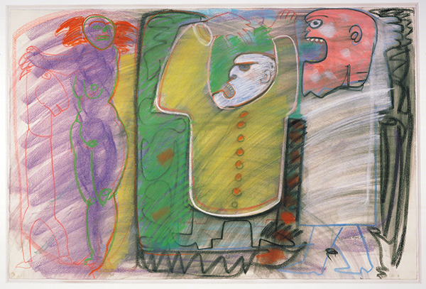 Pastel by Emilio Cruz titled Disguises of the Muse (1983). Gestural figures in yellow, white, and pink on the right face a purple female figure and a horse-headed figure on the left.