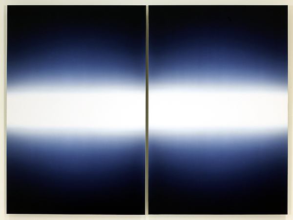 Photograph by Erika Blumenfeld titled Light Recording: Meditation on Radiance #3 (2002). Two vertical rectangles side-by-side, each with dark blue on the top and bottom fading to white in the center.
