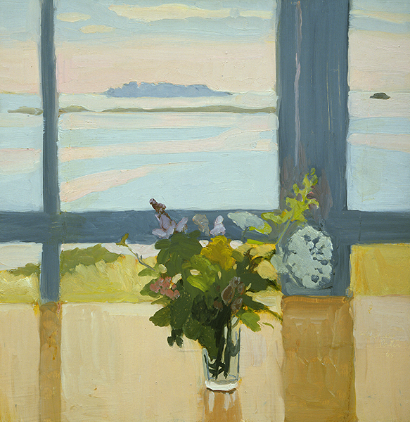 Oil painting by Fairfield Porter titled Flowers by the Sea (1965). Vase of flowers on a table in front of a window looking out onto blue water and sky.